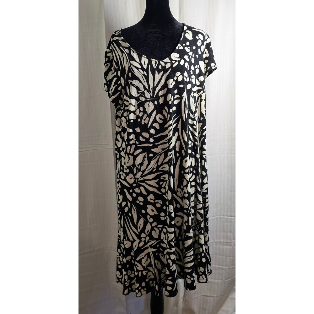 Nicole Miller NY Womens 1X Floral Midi Dress Black White Leaf Print Short Sleeve